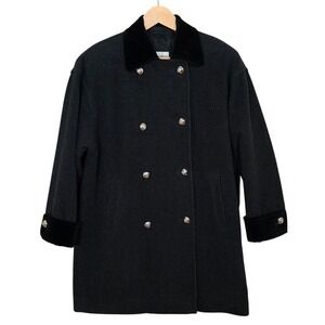 Vintage Windsmoor London Wool Blend Velvet Trim Double Breasted Coat Grey Size 8